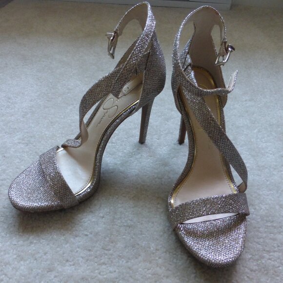 JESSICA SIMPSON gold glitter sparkle strappy heels - NWOT! - Picture 2 of 14